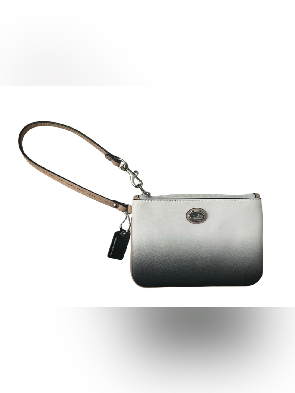 Coach Ombre Black to White Leather Wristlet with Tan Strap